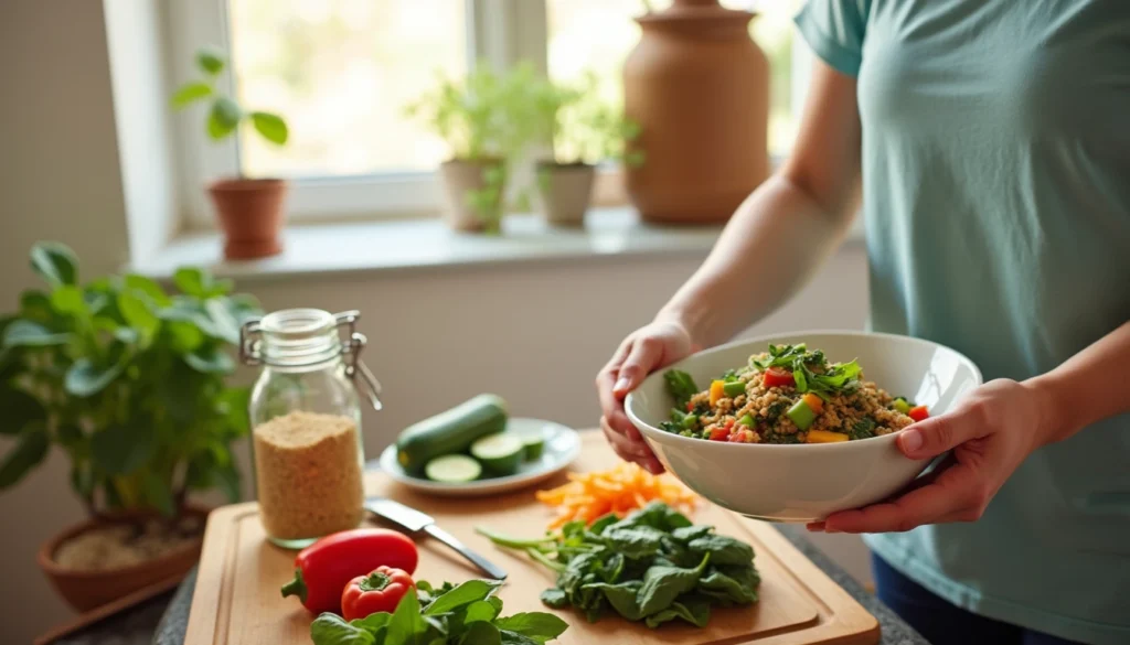 Fresh ingredients and a colorful vegetarian dinner bowl in a bright kitchen setting.